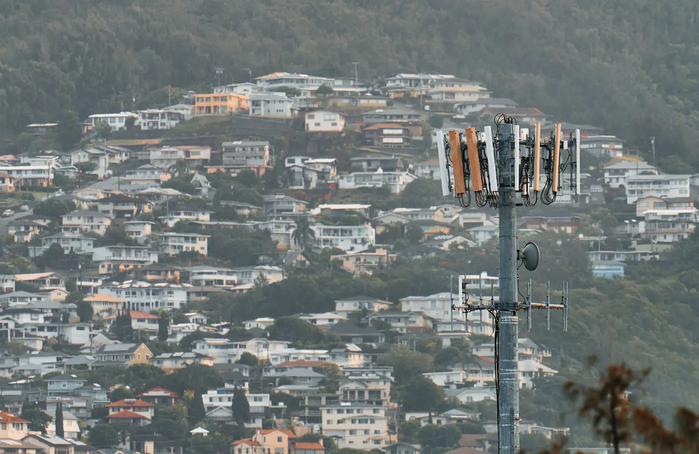 A cell phone tower among hillside homes in Honolulu